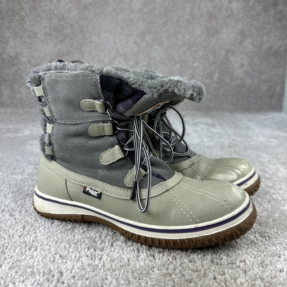 Pajar Canada Waterproof Snow Boots Iceberg Grey Tan Leather Faux Fur Women 8-8.5